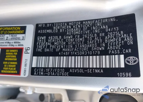 2013 Toyota Camry Le from USA, damaged, VIN 4T4BF1FK5DR310179